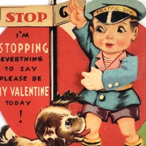 1950s School Traffic Guard in Uniform & Puppy Mechanical Vintage Valentine - Picture 1 of 9