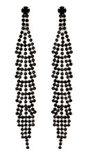 Black Clip On Earrings long drop dangle with crystals - Cain B