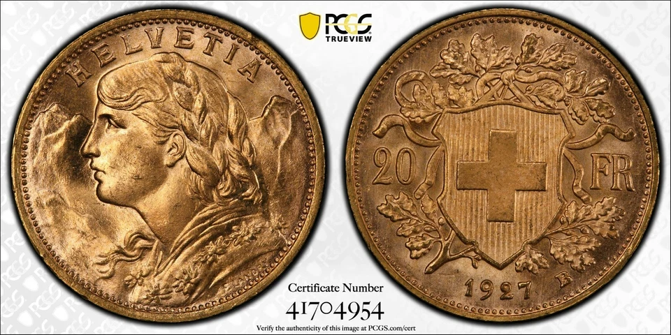 SWITZERLAND , GOLD 20 FRANCS 1927 B - PCGS MS 65 ,  RARE2 - Image 1 of 1