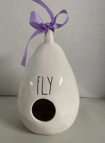 Rae Dunn By Magenta Teardrop Birdhouse with Purple Ribbon FLY Cover