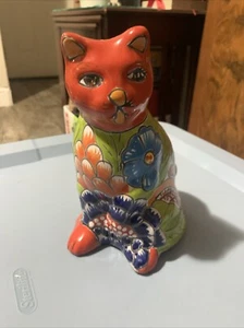 Figura de Colección Castillo Arte Popular Talavera Cerámica Mexicana Gato Flores 8.25" - Imagen 1 de 6