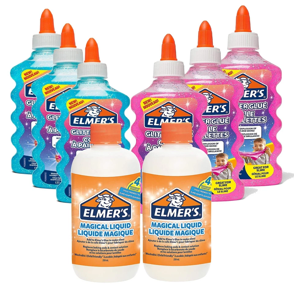 Elmer’s slime kit set 3 each pink + blue glitter glue 2 bottles magical liquid - Image 1 of 1