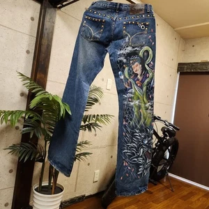 DOLL JEANS Boot cut remake Japanese pattern paint - Picture 1 of 12