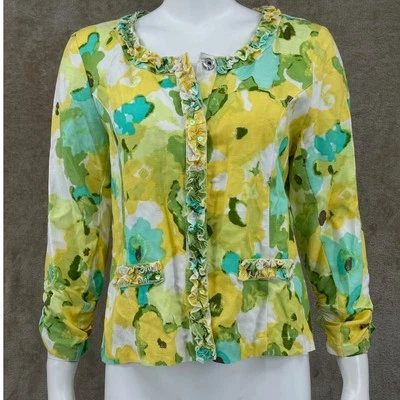 Chaqueta Ruby Road Mujer 12 Amarillo Verde Abstracto Floral Lentejuelas Acuarela Volantes Foto 1 de 4