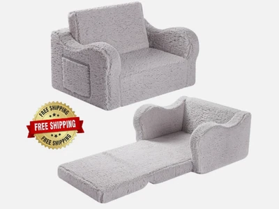 Sillas Para Niños Pequeños, Sofá Plegable 2 En 1 De Sherpa Suave Para Niños Gris - Image 1 of 4