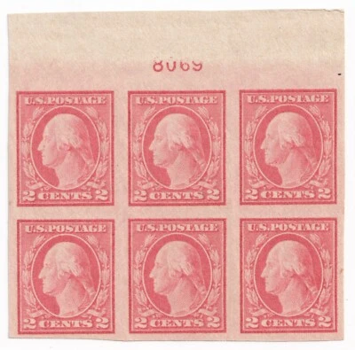 1916-17 US SC 482 Wash. Imperf Top Plate Block of 6 8069 Imprint IX MNH OG VF/XF - Image 1 of 2