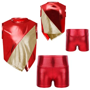 Kids Girls Set Shiny Suit Costume Outfit Metallic Color Block Stage Sleeveless - Picture 1 of 61