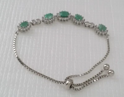 Pulsera Bolo Plata de Ley 925 Cristal Transparente y Esmeralda Áspera Pulida Foto 1 de 4