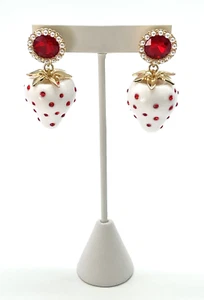 Betsey Johnson White Resin Red Crystal & Faux Pearl Strawberry Drop Earrings NWT - Picture 1 of 6