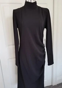 CHELSEA 28 BLACK Long Sleeve Mock Neck Ruched Side Knit Sheath Midi Dress Sz S - Picture 1 of 11