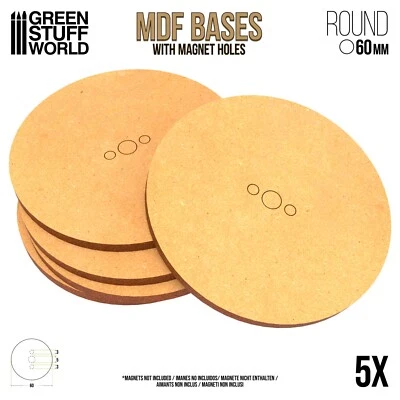 GREEN STUFF WORLD 5x MDF Bases - Round 60mm - Thickness 3mm Basing Laser Cut Wargames Miniatures