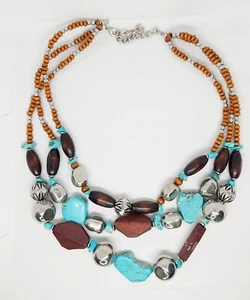 Bocar Southwest Necklace Silver Tone Multi Strand Turquoise Wood Beads 17-19” - Picture 1 of 5