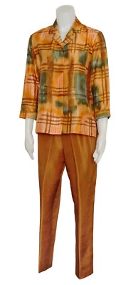 Retro Silk Blouse and Pant Set, Gold and Olive Green Print 2 Piece MCM Sz 6 - Image 1 of 4