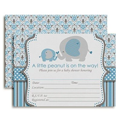 Invitaciones de Baby Shower de elefante azul 20 tarjetas de relleno de 5"x7" con veinte blancos... Foto 1 de 4
