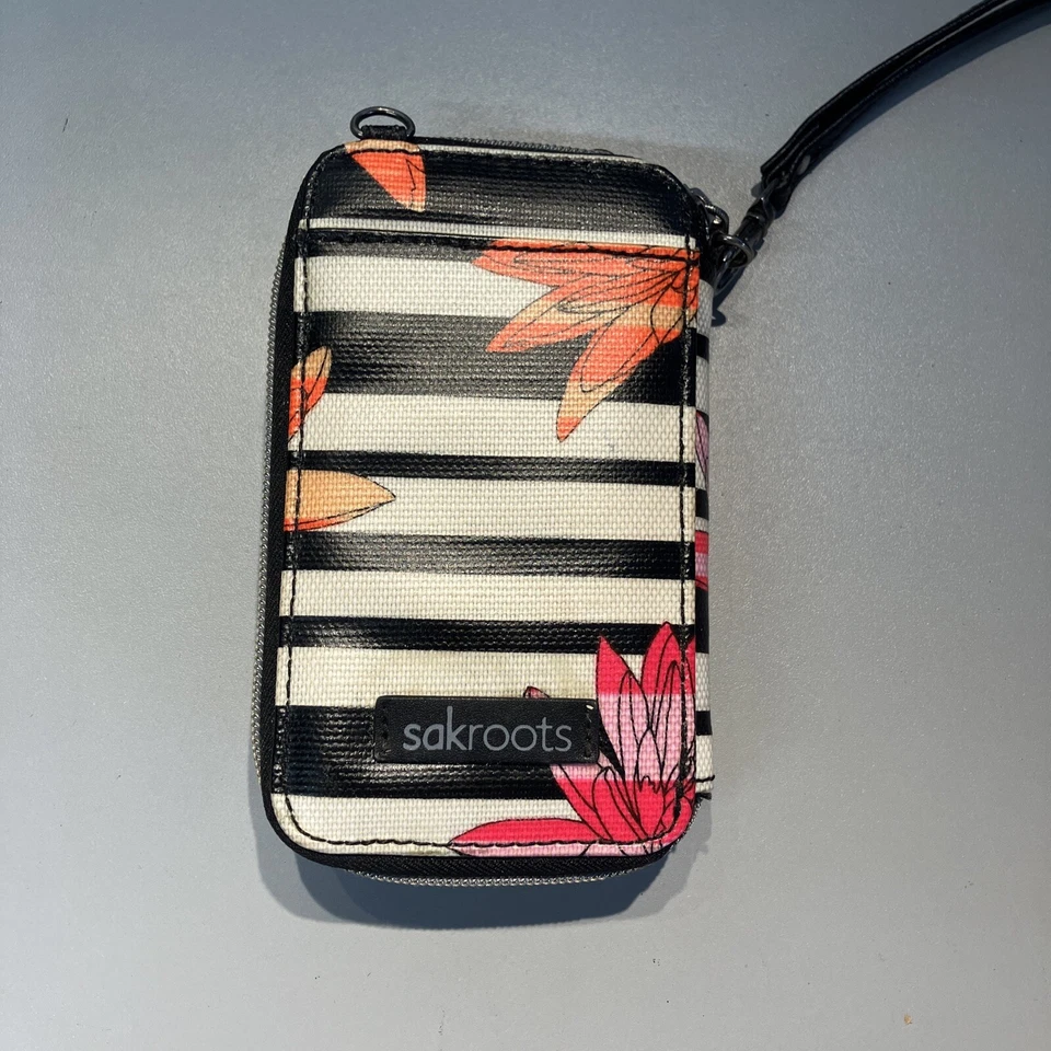 Porta-cartões de pulso sacroots com zíper em torno de porta-cigarro flores com alça preta - Imagem 1 de 4