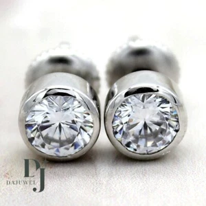 VVS1 Moissanite Bezel Set Stud Earrings Solid 14K White Gold 2 Carat Round Cut - Picture 1 of 10