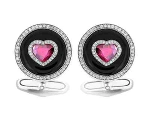 1.98CT Heart Shaped Ruby, Genuine White CZ & Black Onyx Gorgeous Men's Cufflinks - Picture 1 of 5