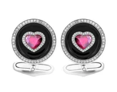 1.98CT Heart Shaped Ruby, Genuine White CZ & Black Onyx Gorgeous Men's Cufflinks - Image 1 of 4