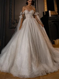 Sweetheart Wedding Dresses Appliques Sleeves off Shoulder Shiny Bridal Gown - Picture 1 of 6