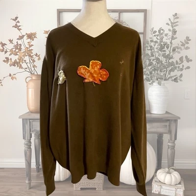 DANIEL BISHOP Cachemira L XL MUJER Gran Tamaño Otoño Hoja Cuello en V Reparación Visible Foto 1 de 4