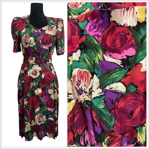 Vintage 80er Pellini Kleid mehrfarbig Blumenmuster bedeckt Knöpfe mit Gürtel XS - Bild 1 von 9