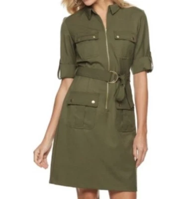 Sharagano Womens Dark Olive Green Belted Shirt Dress Size 14 Unhemmed NWT - Image 1 of 4