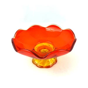 VTG Amberina Glass Footed Orange Yellow Ruffle Candy Dish Taper Candle Holder - Picture 1 of 11