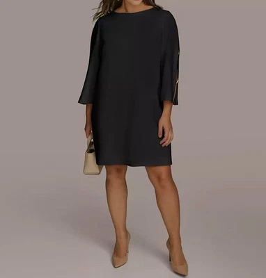 Vestido para mujer Donna Karan negro cuello barco adornado manga dividida talla pequeña 4P Foto 1 de 3