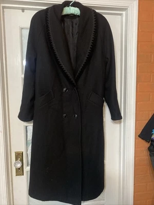 Vintage Black Coat Wool Blend Velvet Embroidered Collar Large - Изображение 1 из 4