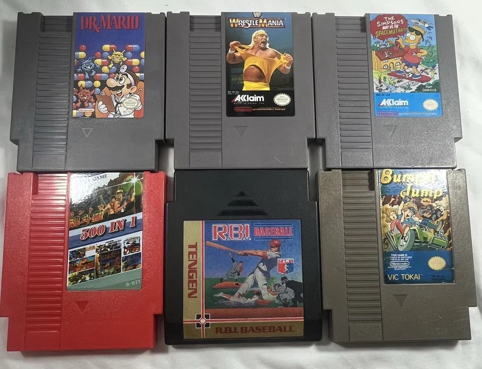 Lote de juegos NES (6) Dr Mario WrestleMania Simpsons RBI Béisbol Bump’n Jump COMO ESTÁ Foto 1 de 4