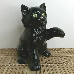Cat Figurine Black Ceramic Glossy MCM Retro Vintage - Picture 1 of 12