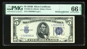 DBR 1934-B $5 Silver Gem Fr. 1652 Vinson LA Block PMG 66 EPQ Serial L76283061A - Picture 1 of 2