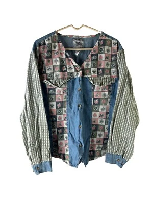 Vintage 90s Womens 2XL Floral Plaid Patchwork Button Shirt Cottagecore - Image 1 of 4