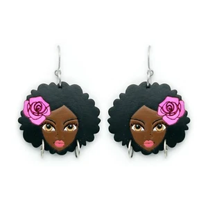 Wooden Earrings African Woman Handmade Fair Trade Lightweight - Picture 1 of 2