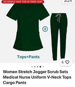 Women Stretch Jogger Scrub Sets Medical Nurse Uniform V-Neck Tops Cargo Pants - Picture 1 of 11