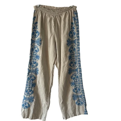 Pantalones Johnny Was JW Los Angeles bordados pierna ancha 100 % lino talla grande Foto 1 de 4