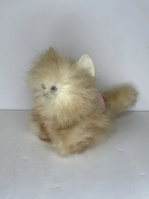 Vintage Jerry Elsner Real Rabbit Fur Brow/White Kitty Blue Eyes With Bow - Image 1 of 4
