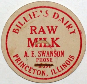 Vintage Milchflaschenverschluss BILLIES DAIRY Rohmilch A E Swanson Princeton Illinois - Bild 1 von 2