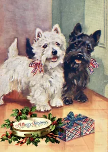 WESTIE SCOTTISH TERRIER CON REGALO PARA UN SOLO PERRO TARJETA DE FELICITACIÓN NAVIDAD - Imagen 1 de 1
