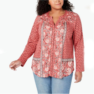 Style & Co. Womens 2X BOHO Orange Mixed Border Print Knit Top Shirt NWT