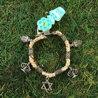 HOTI Cáñamo Hecho a Mano Hanuká Menorá Estrella de David Hamsa Cucaracha Clip Dije Pulsera Foto 1 de 3