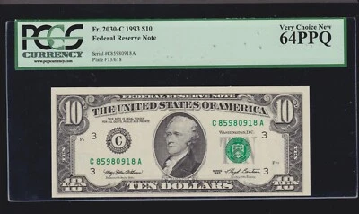 US 1993 $10 FRN San Francisco FR 2030-C PCGS 64 PPQ V Ch CU (918) - Image 1 of 2