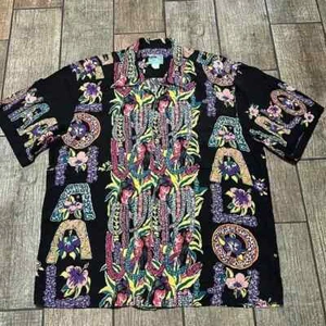 Reyn Spooner Lei Lady Black Rayon Hawaiian Floral Aloha Shirt Avanti Kahala - Picture 1 of 7