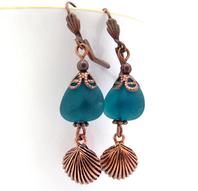 Sea Glass Earrings Dark Ocean Blue Antique Copper Shell Resort Chic Gift for Her - Изображение 1 из 4
