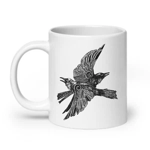 Odin's Ravens White Glossy Coffee Mug, Huginn and Muninn Norse Ravens Design - Picture 1 of 10