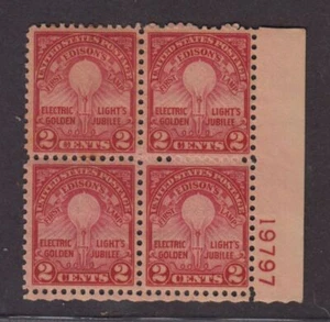 1929 50th Jubilee Edison Electric Light Sc 655 MHR plate block of 4 CV $32.50 - Picture 1 of 2