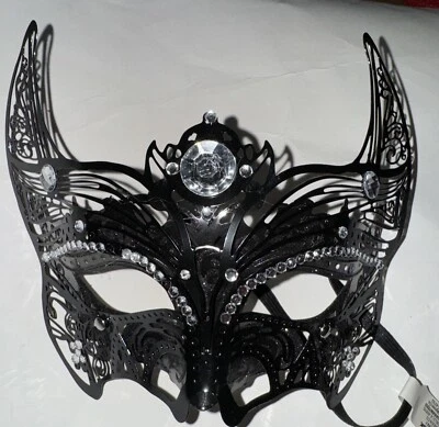 Mardi Gras Black Jewled  Masquerade Mask metal black Party Mask - Image 1 of 2