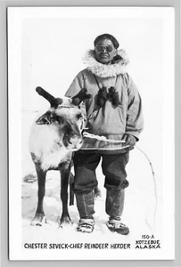 RPPC Kotzebue Alaska Reindeer Herder Chester Seveck Eskimo VTG Photo Postcard - Picture 1 of 3