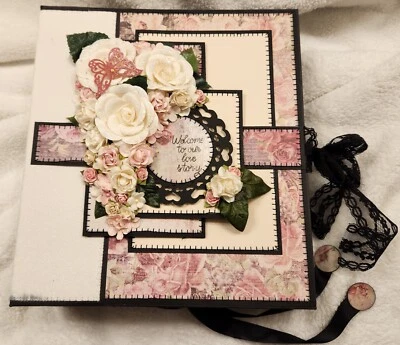 Álbum de casamento feito à mão preto, branco, malva, rosa - Imagem 1 de 4