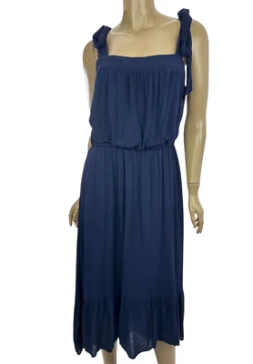 Vestido midi azul marino Nina Leonard blusa tirantes talla L 100 % rayón volantes en el dobladillo Foto 1 de 4